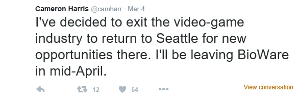 又一个!《质量效应:仙女座》编剧下月中旬离开BioWare