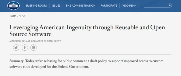 白宫公布政府开源软件的政策草案