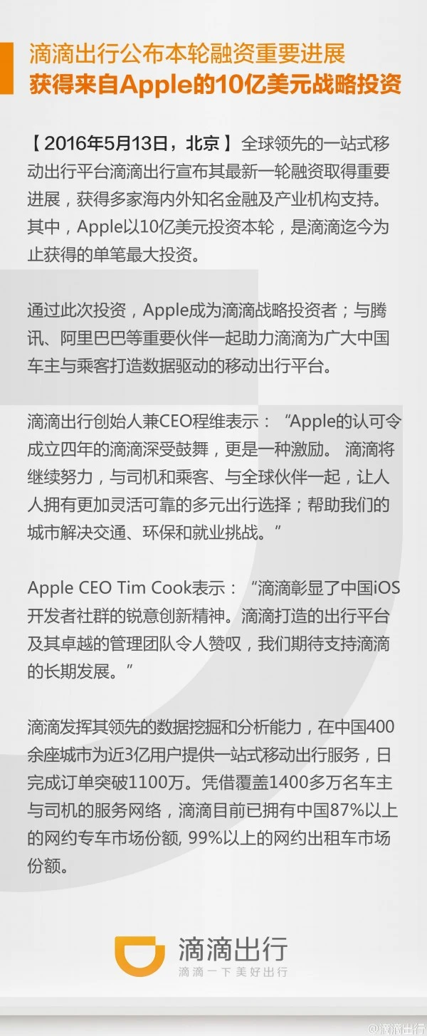 苹果首次投资中国互联网公司:10亿美元入股滴滴出行